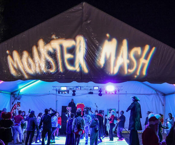 A DJ tent with light-up dance floor and nightly costume parades