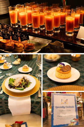 The venue chef and I curated a menu to include a tropical salad and dessert. Even the appetizers were themed. I created two signature drinks for each room that came with a sword or animal garnish